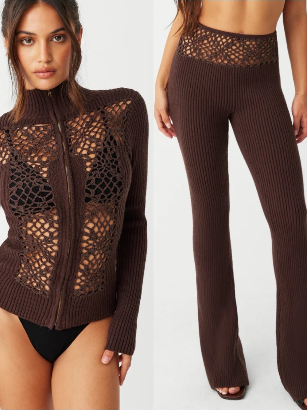 Frankie’s Bikinis Brown Crochet Knit Jacket and Pants Set